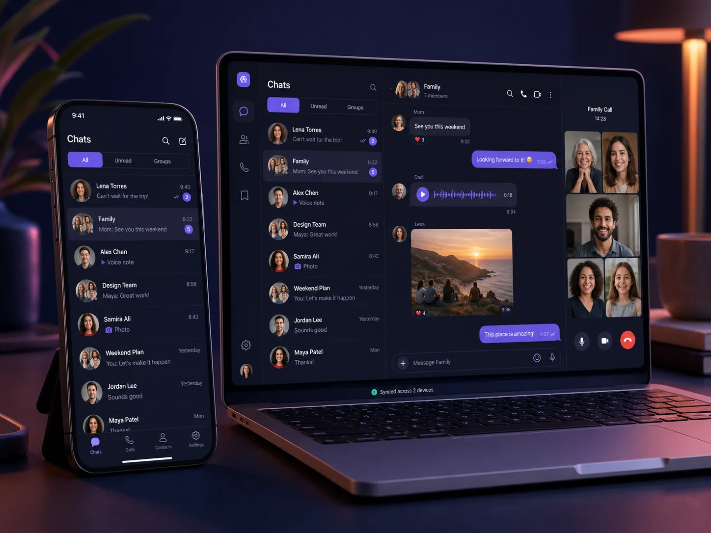 ChtCr showing synchronized chats, voice notes, shared photos and a family video call on a phone and laptop